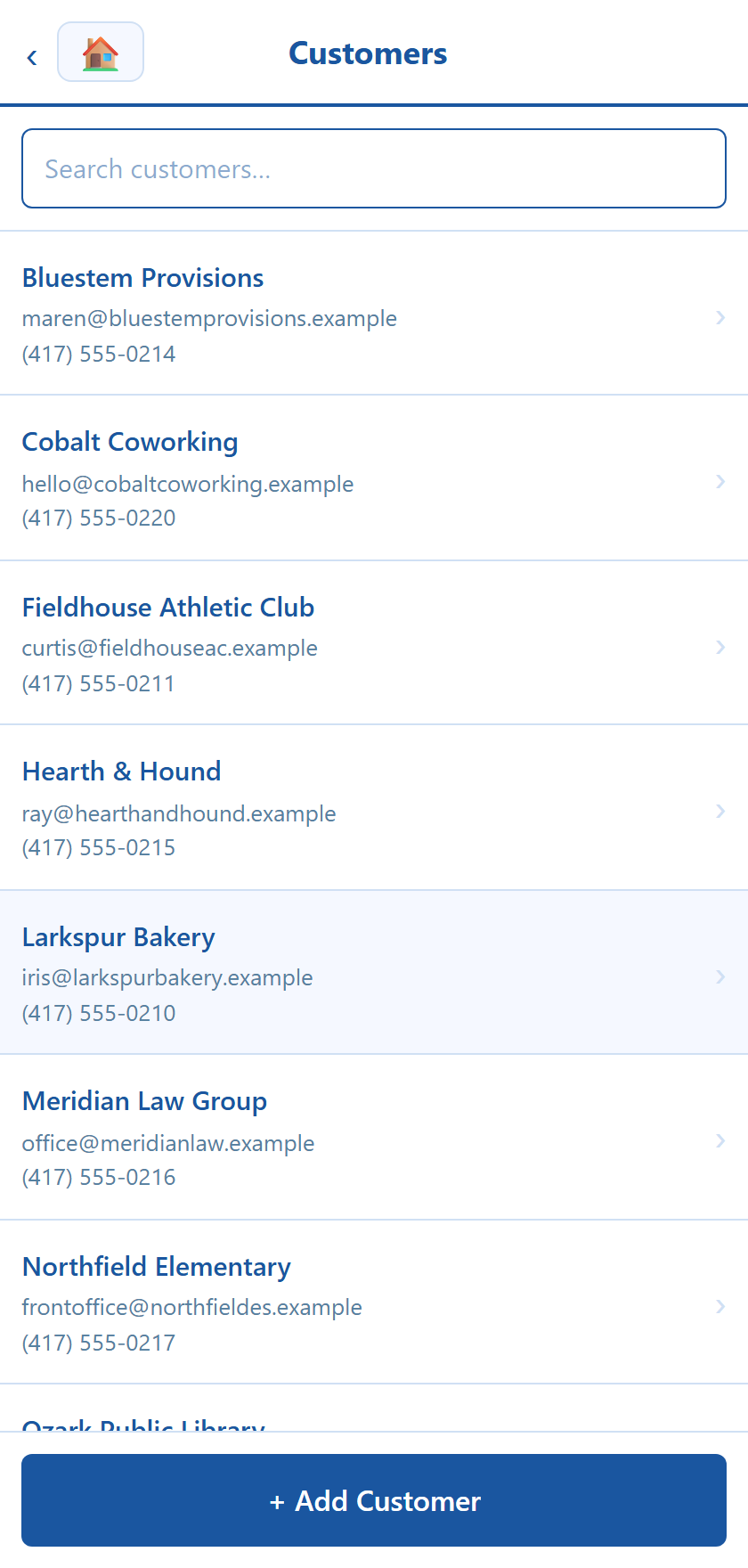 The Customers app listing Bluestem Provisions, Cobalt Coworking, Larkspur Bakery and other accounts with their email and phone