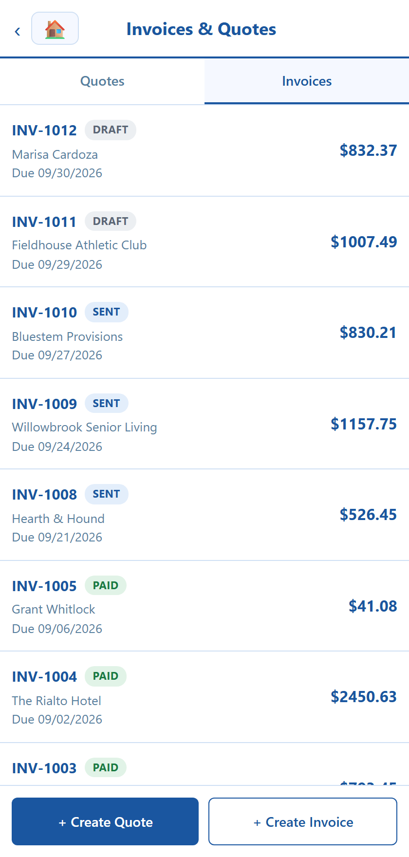 The Invoices list showing draft, sent and paid invoices with their totals and due dates