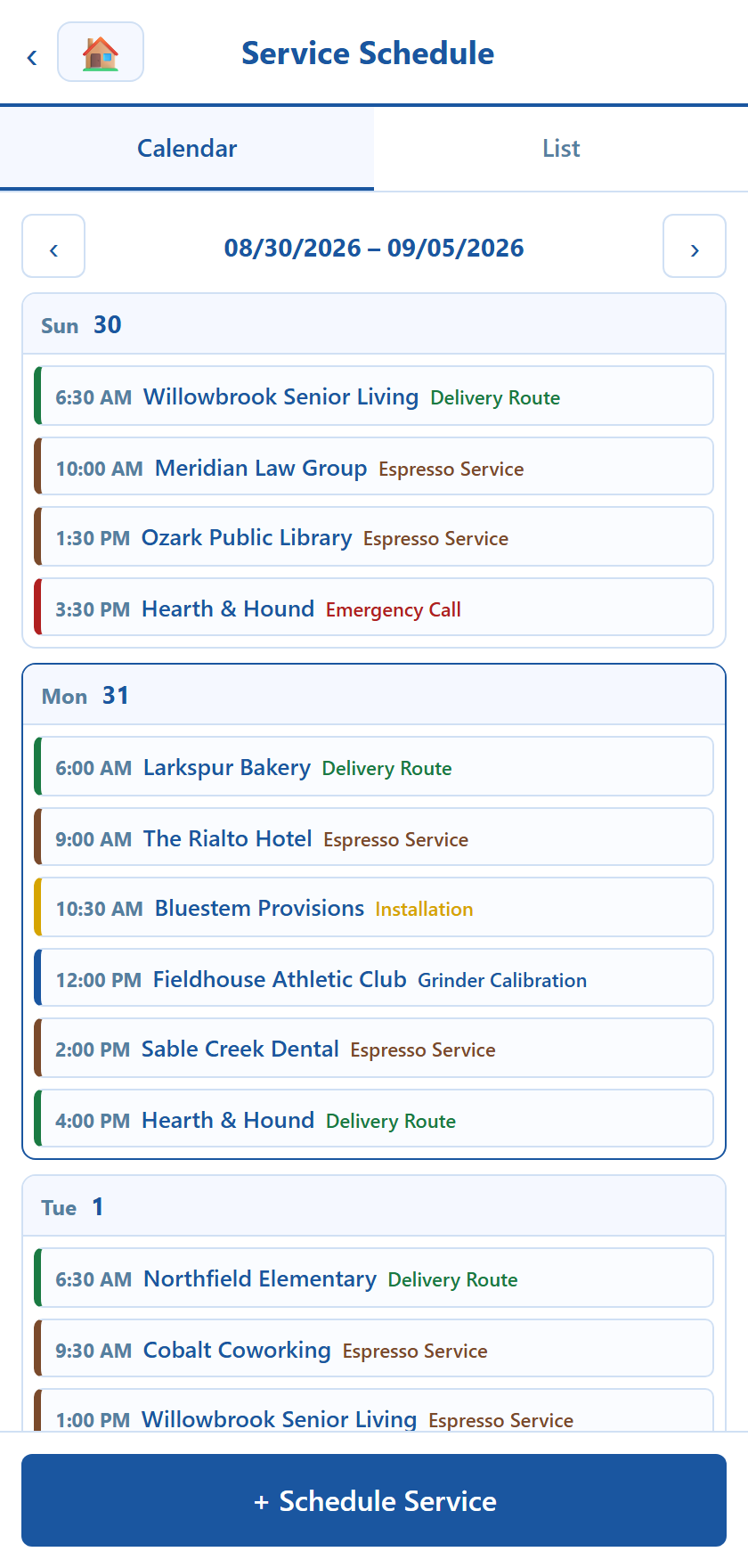 The Service Schedule week calendar with jobs grouped by day and colour-coded by service type